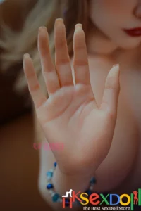 f cup silicone doll blonde hair beige background skirt