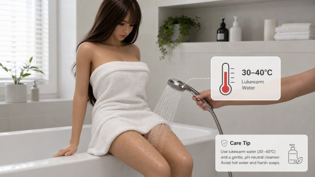 Silicone sex doll care guide showing safe lukewarm water temperature during washing