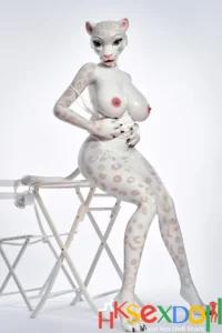 white leopard sex doll black white leopard print brown hair background skirt