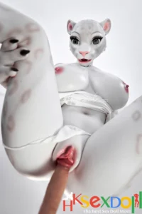 white leopard sex doll white catskin stockings black hair brown highlights background