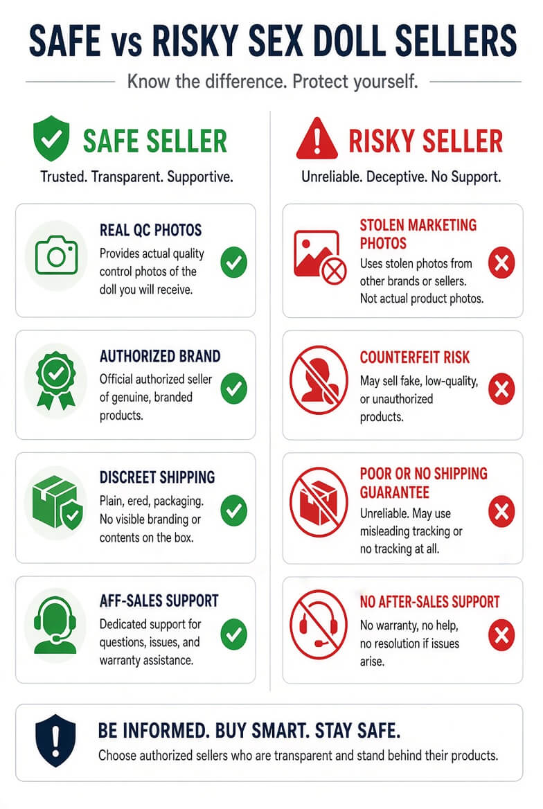 Comparison of safe versus risky sex doll sellers covering real QC photos, authorized brands, discreet shipping and after-sales support