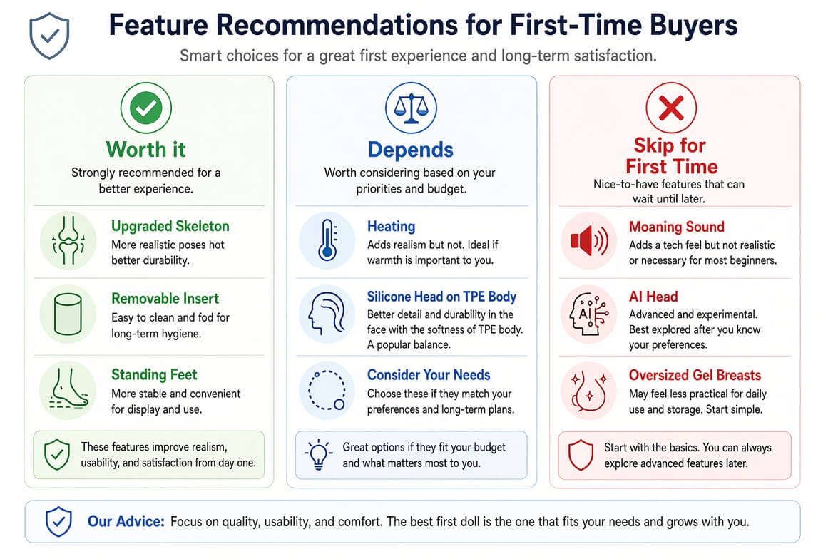 Feature recommendations for first-time sex doll buyers divided into Worth it, Depends and Skip categories including skeleton, heating, sound and AI head