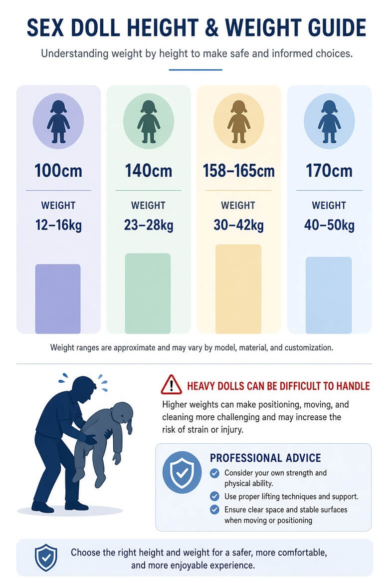 Sex doll height and weight comparison chart showing approximate weights for 100cm, 140cm, 158-165cm and 170cm dolls, with warning about heavy dolls being difficult to handle