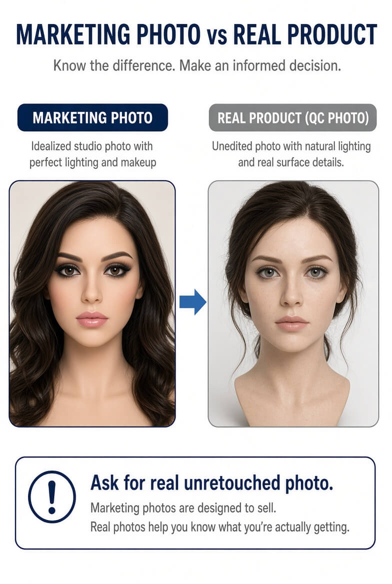 Comparison of idealized marketing photo versus real unedited QC photo of a sex doll head, advising buyers to request real unretouched photos