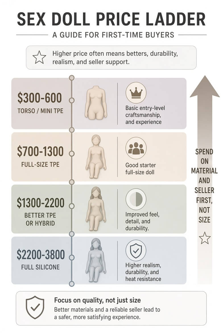 Sex doll price ladder guide for first-time buyers showing price ranges from $300 torso to $3800+ full silicone, with advice to prioritize material and seller over size