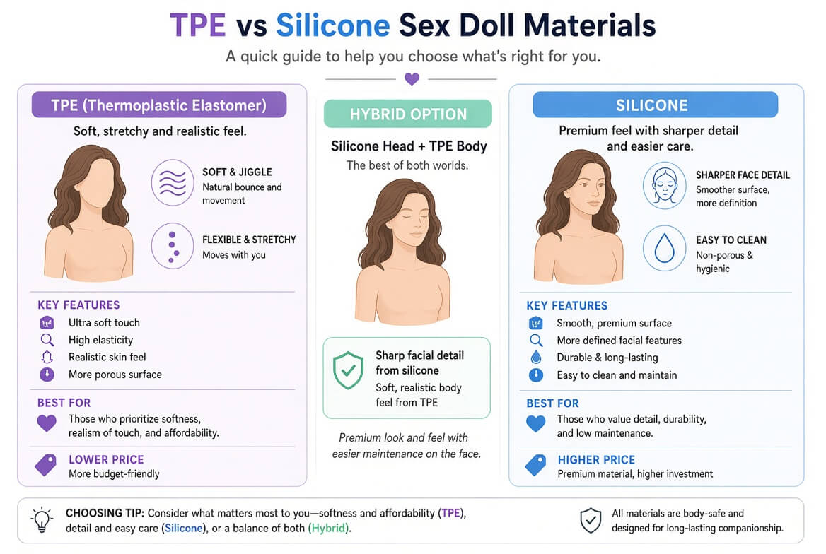 Comparison of TPE and silicone sex doll materials and features.