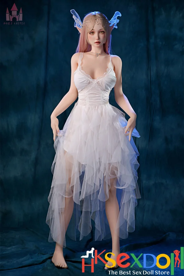 170cm elf sex doll features pink hair and a flowing white tulle gown, standing gracefully