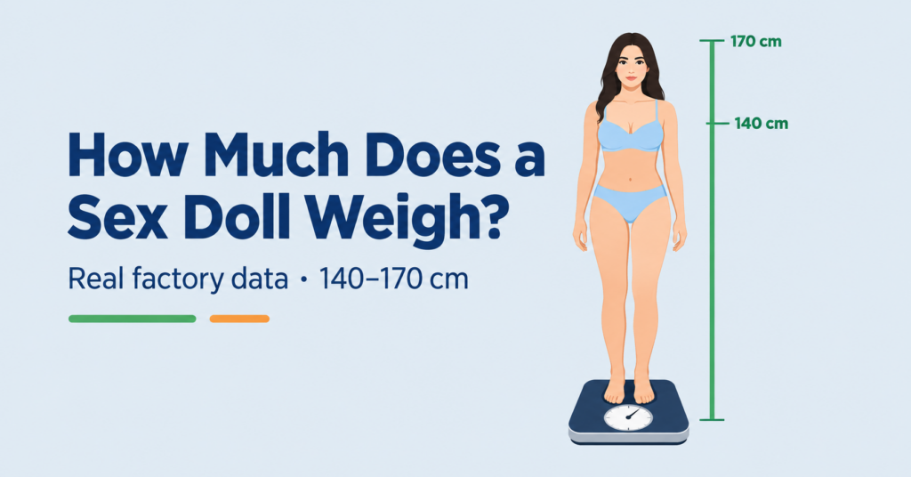 Illustration of a life-size sex doll standing on a scale beside a 140 to 170 cm height ruler, for a guide on sex doll weight by height